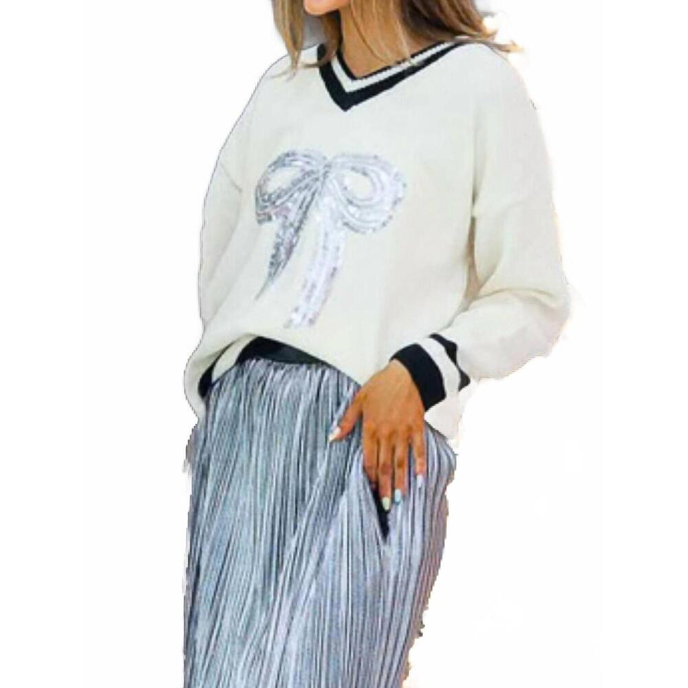 NEW GRACE + EMMA silver sequin bow on cream varsity sweater in cream